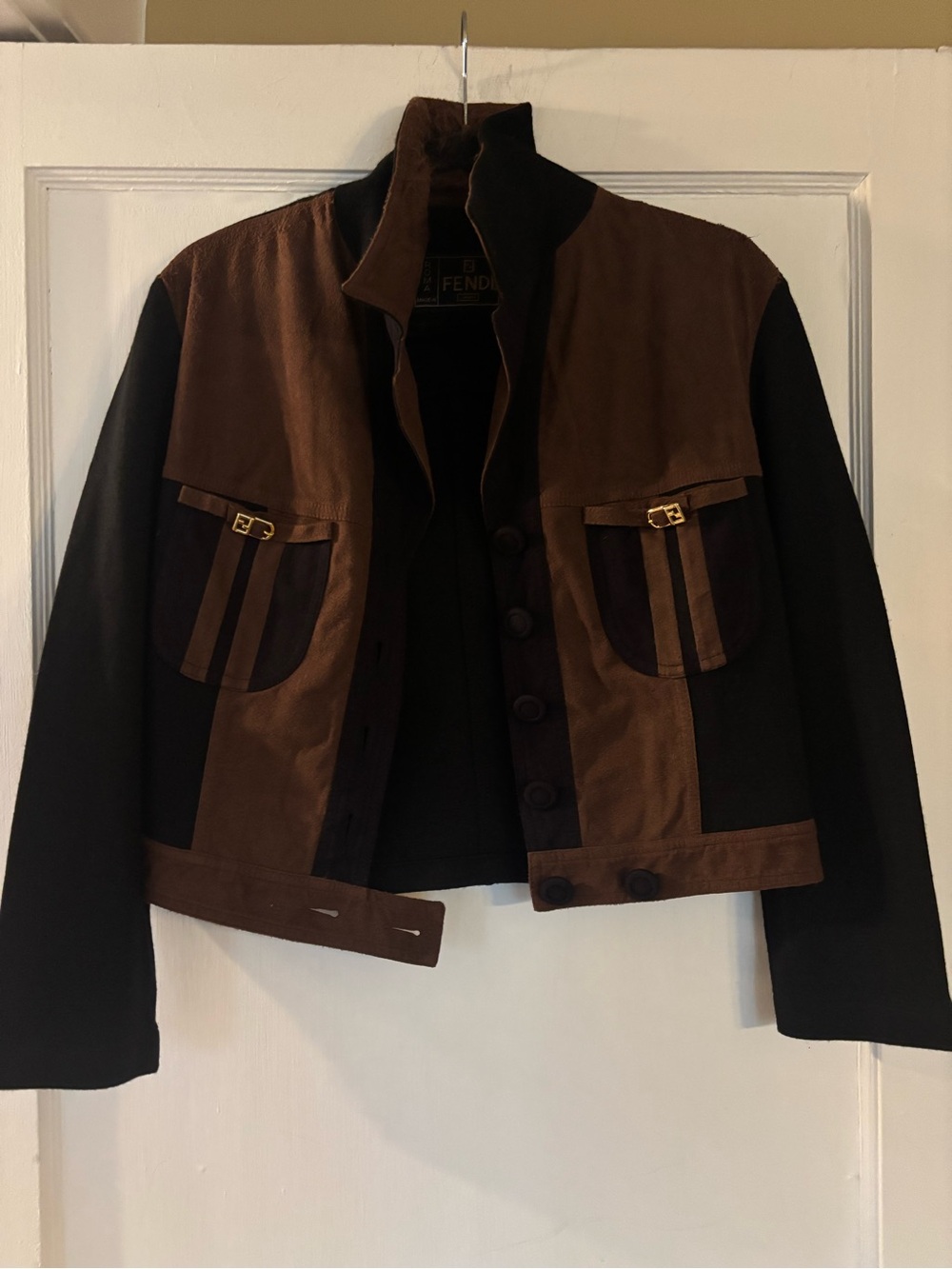 Fendi Black & Brown Suede-Trim Bomber Jacket